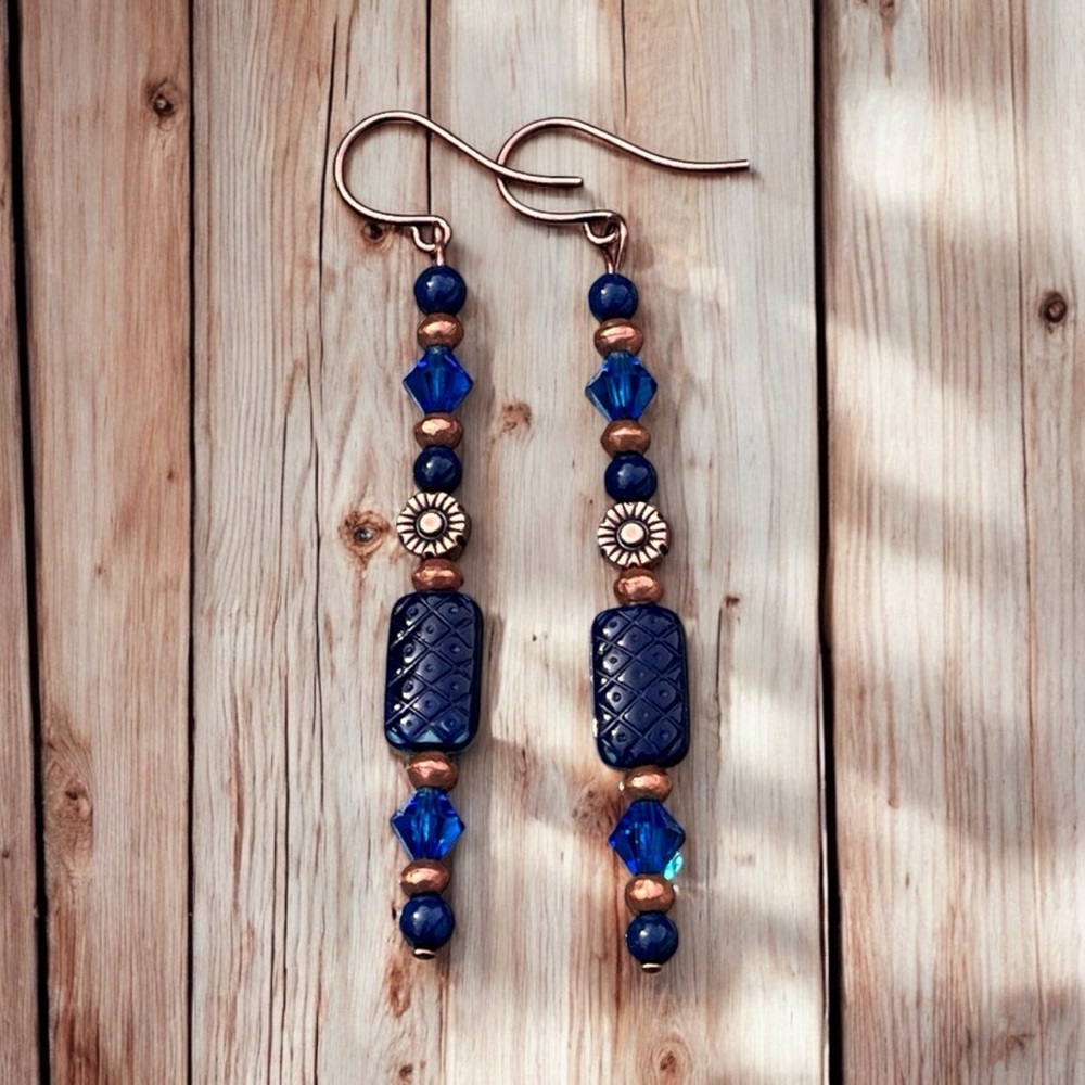 Handcrafted Blue and Copper Beaded Earrings - Picture 11 of 11